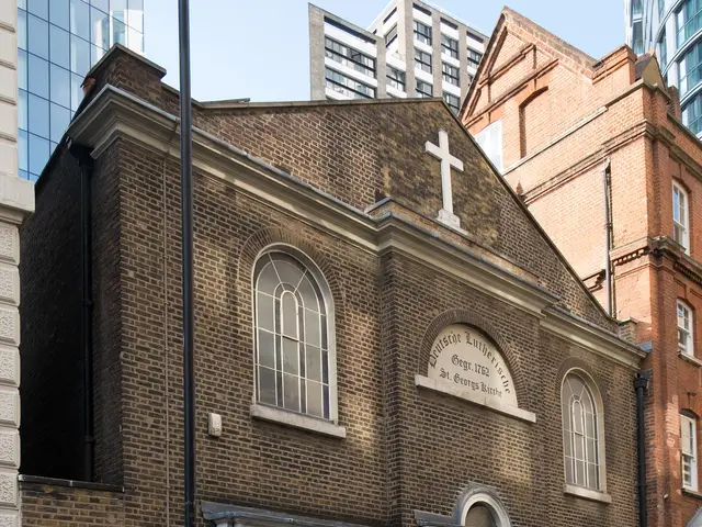 Exterior of the German Lutheran Church (Deutsche Lutherische St. Georgs Kirche), a brick church building in Whitechapel, London.