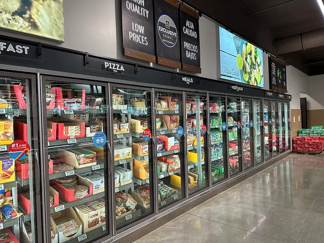 Rows of glass-doored freezer cases along an aisle in an Aldi grocery store in Miami