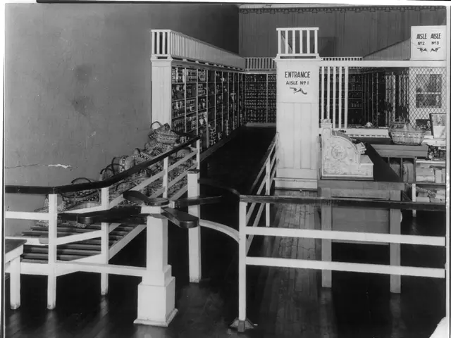 The interior of a historic self-service grocery store, showing the entrance turnstile and checkout counter.