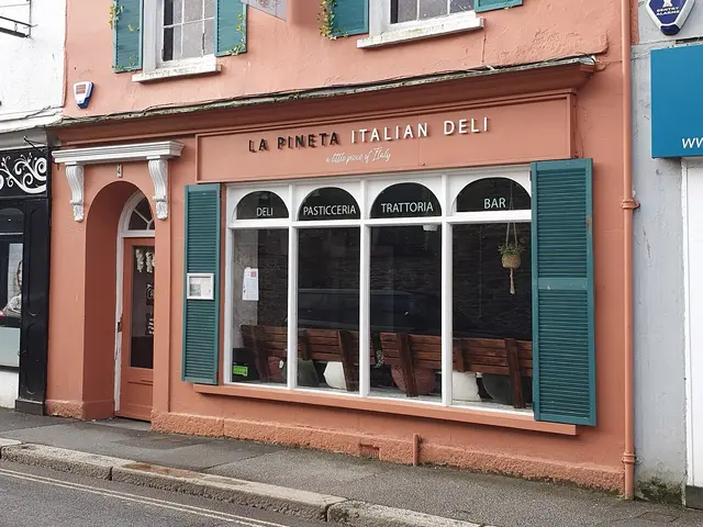 Shopfront of La Pineta Italian Deli on Little Castle Street, Truro, Cornwall.