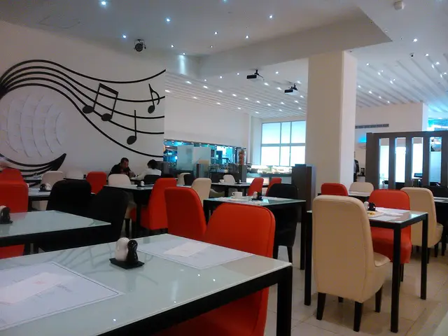 Tables and chairs in the restaurant of the Forte Hotel in Changhua, Taiwan.