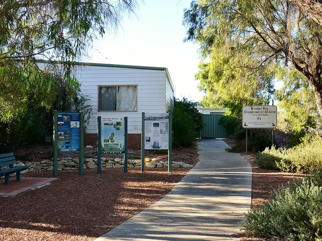A small building with a sign reading 'Bremer Bay Occasional Child Care' beside a garden path.