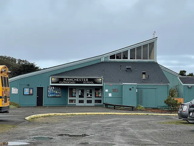 The teal-panelled entrance of Manchester Elementary School, with a school bus parked outside.