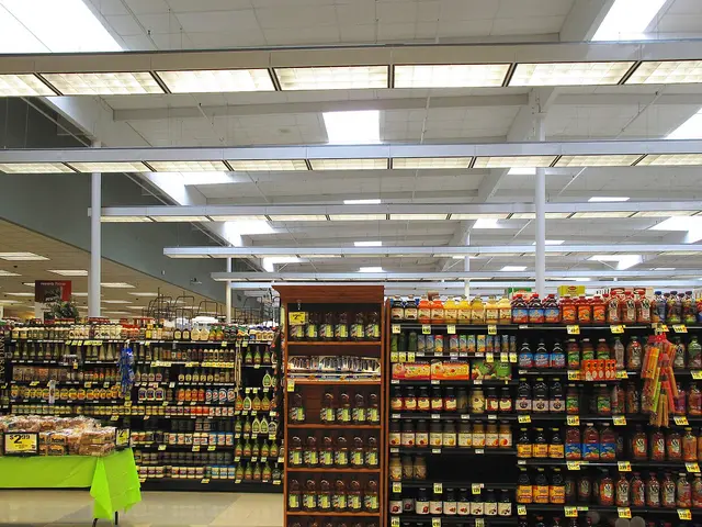 Shelves of packaged food inside a grocery store.