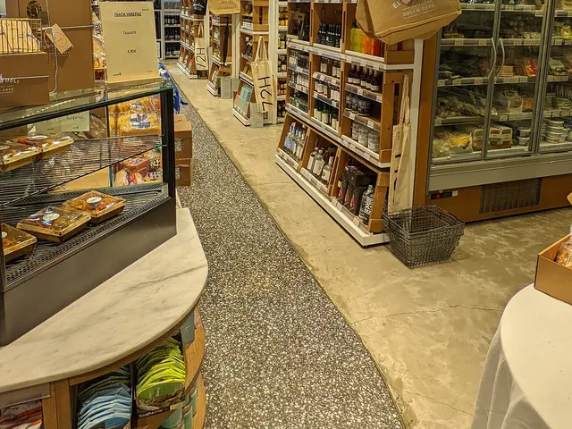 Shelves of wine and gourmet goods inside an upmarket grocery store in Athens, Greece