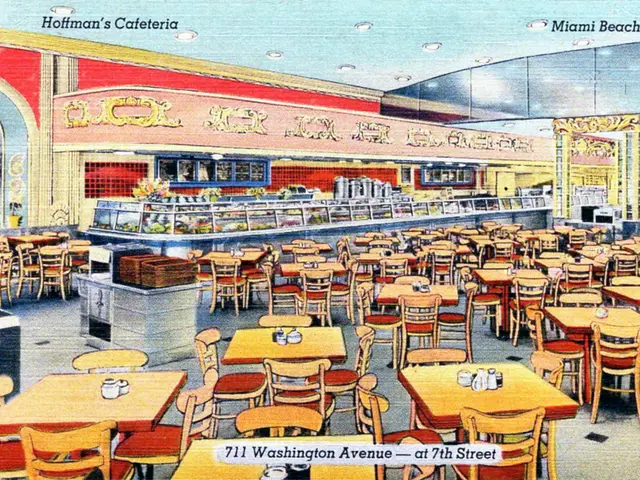 A vintage colourized postcard showing another view of a cafeteria-style restaurant in Miami Beach, Florida.