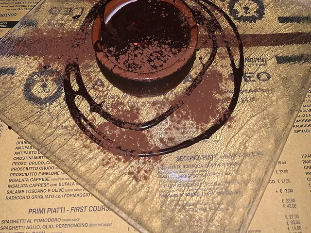 A chocolate dessert served in a bowl on a restaurant plate.