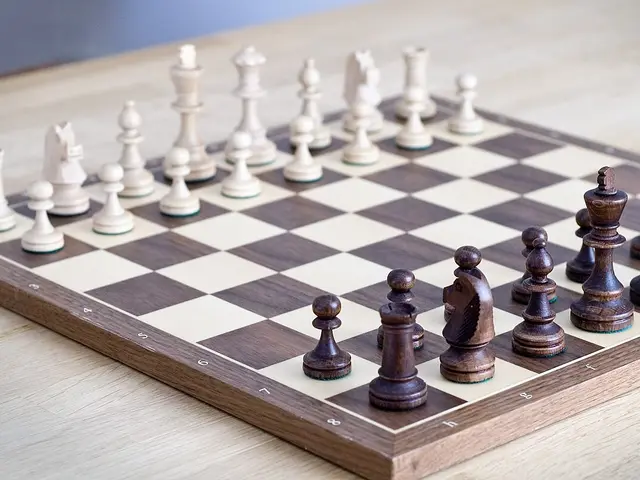 A wooden chess set with pieces arranged mid-game on a checkered board.