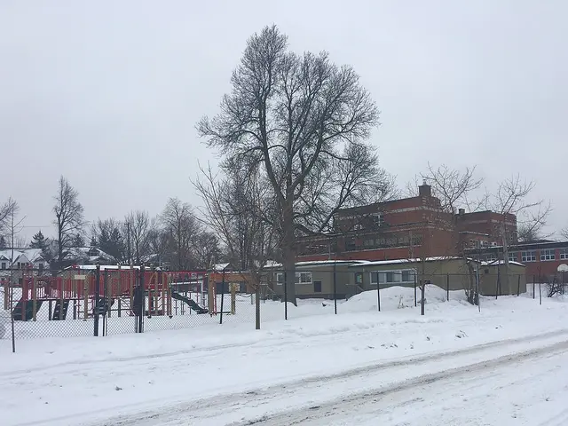 The brick exterior of Elmdale School in Ottawa, seen in winter beside a fenced playground