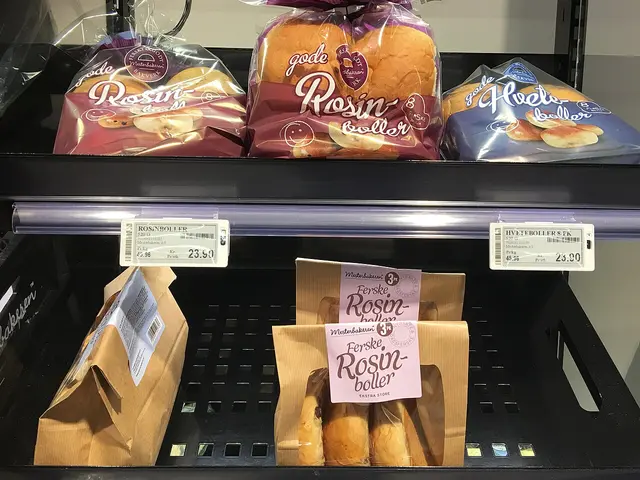 Bags of sweet buns and rolls displayed on a bakery shelf in a Norwegian grocery store