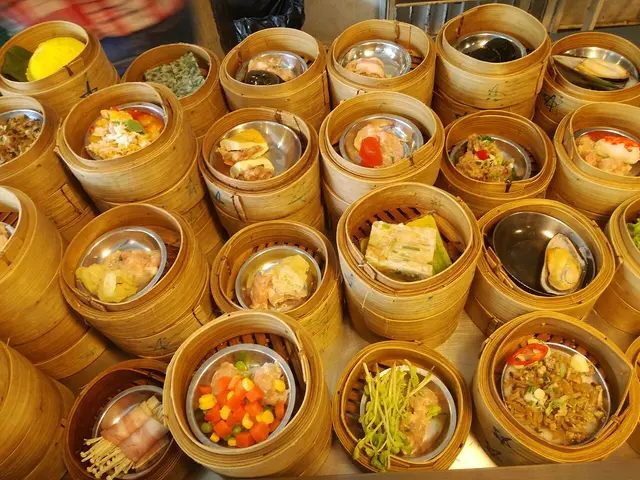 A selection of dim sum dishes served at a restaurant.