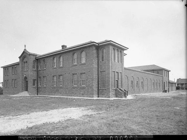 Historic black-and-white photograph of the exterior of a brick ecclesiastical institution building.