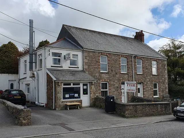Exterior of a small-town fish and chip shop.