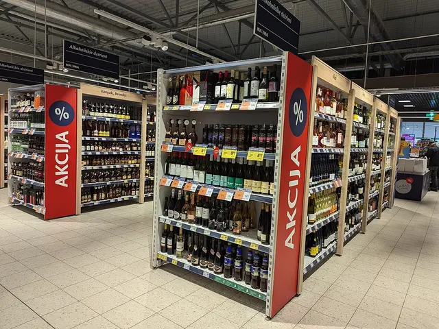 Interior of a Maxima supermarket in Jelgava, Latvia, showing stocked aisles.