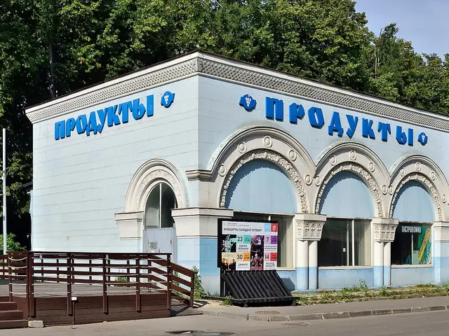 The ornate arched facade of a historic grocery store building in Moscow