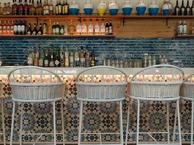 Interior dining area of a Greek restaurant in Cambridge, Massachusetts.