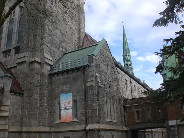 Exterior of St. Dominic Church, a stone church building with twin towers in Quebec City.