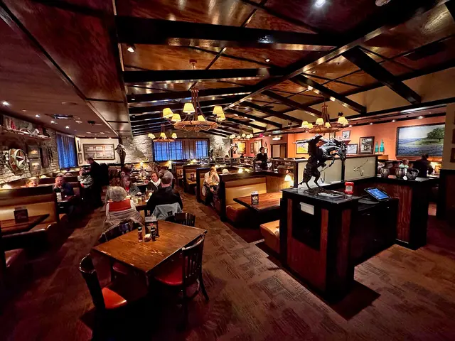 Seating and decor inside a steakhouse restaurant dining room in Blairsville, Georgia.