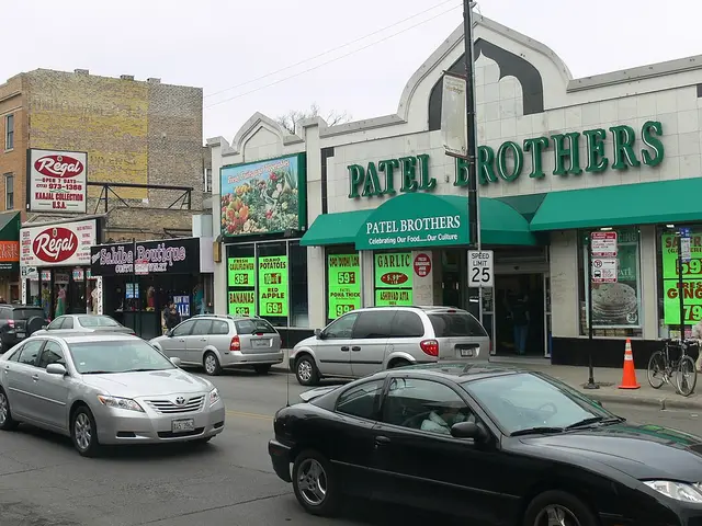 Exterior of a Patel Brothers Indian grocery store next to a Fresh Farms market in Chicago, Illinois.