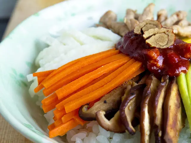 A bowl of Korean bibimbap mixed rice.