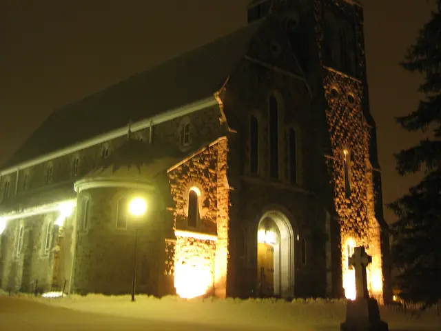 Holy Cross Church in Kemptville at night.