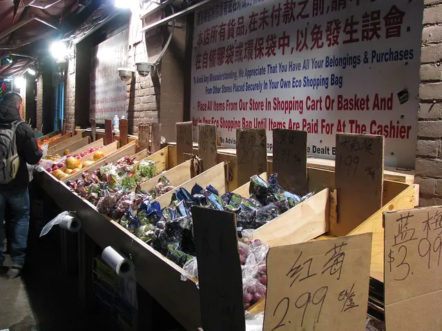 Fresh vegetables displayed in crates outside a Chinese grocery store on Spadina Avenue in Toronto's Chinatown.