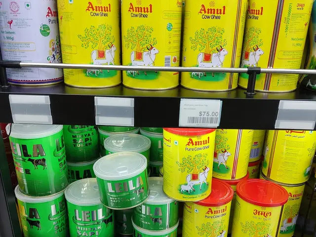 Shelves of Indian packaged food and household products inside Bhavika grocery store in Tung Chung, Hong Kong.