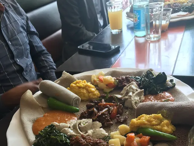 An Ethiopian fasting platter of dishes served on injera.