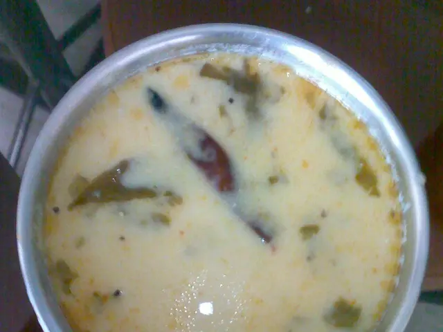 A bowl of Gujarati kadhi, a yogurt-based Indian curry.