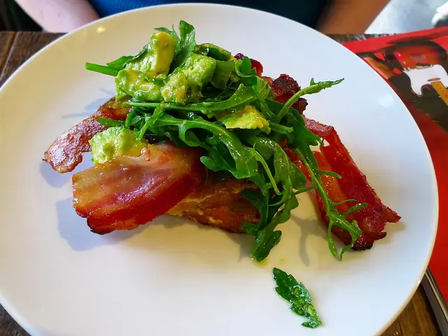 French toast served with bacon and avocado at a restaurant in Clerkenwell, London.
