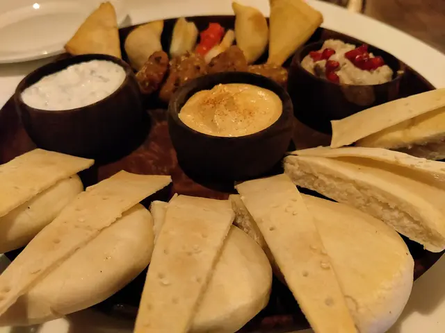 A mezze platter of assorted Middle Eastern dishes.