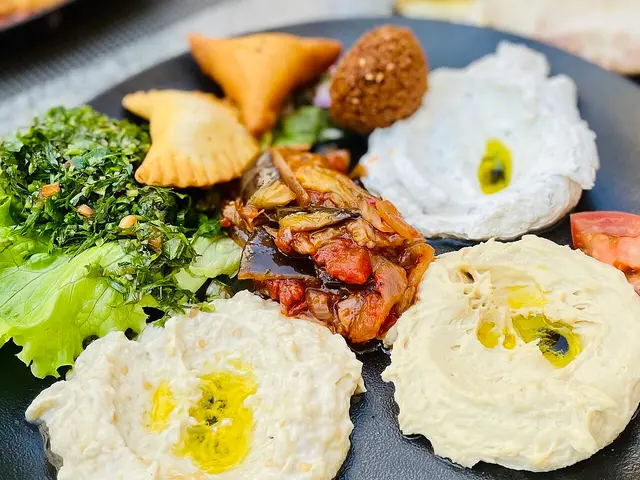 A mezze plate served at a Lebanese restaurant.