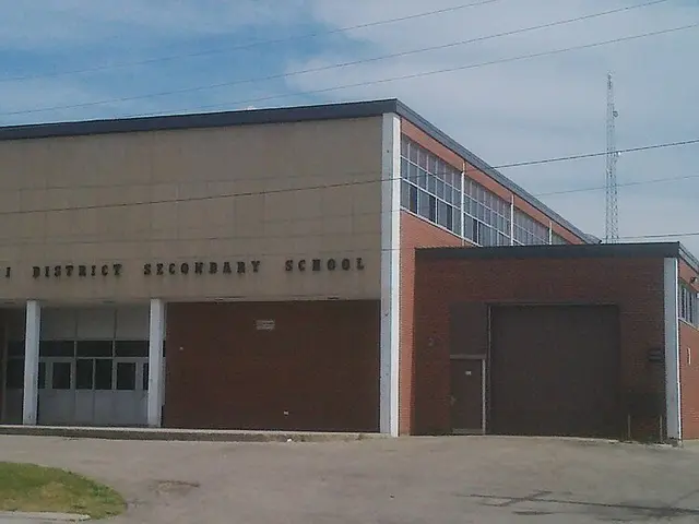 The entrance of Delhi District Secondary School, with the school's name lettered above the doors and a mural beside them.