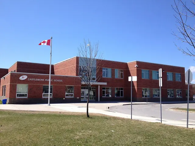 The brick exterior of Castlemore Public School in Markham, Ontario, with a Canadian flag out front