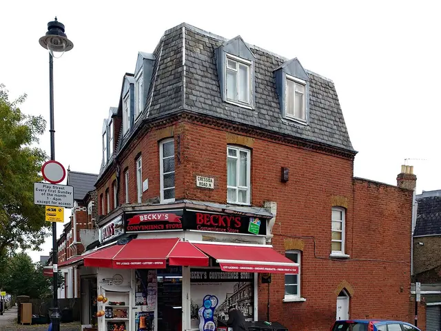 Becky's convenience store on a residential street corner, brick building with a red awning