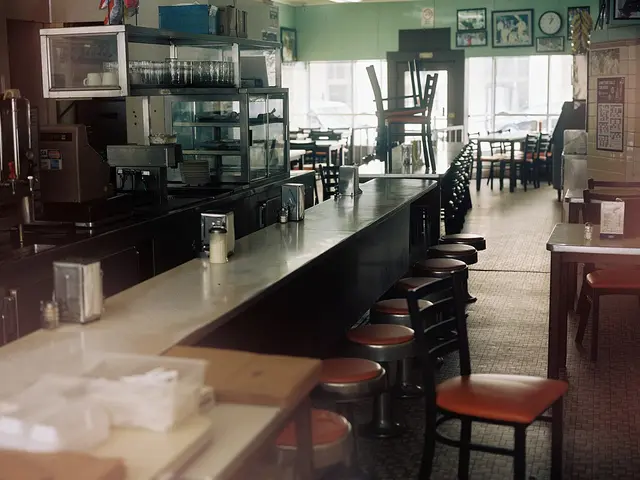 The long service counter and counter seating inside a restaurant in Detroit, Michigan.
