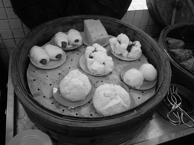 Cha siu bao, Malay cake, and Chinese sausage roll served on a dim sum table.