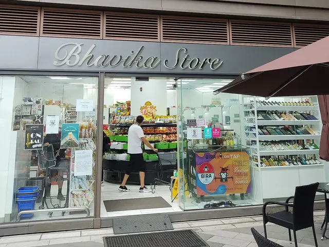 Shelves of packaged South Asian grocery products inside Bhavika, a South Asian grocery store in a Tung Chung, Hong Kong shopping mall.