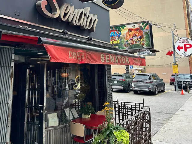 Storefront of The Senator Restaurant with a vintage neon sign on Victoria Street in Toronto, Ontario.
