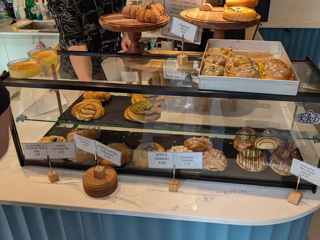 Baked goods displayed for sale on a bakery counter.
