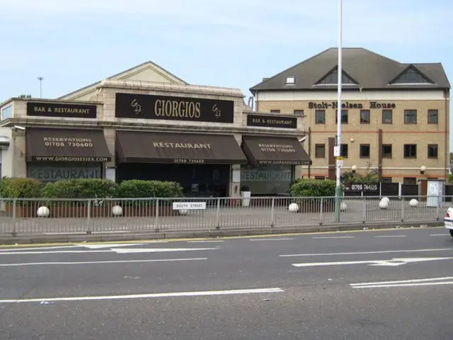 Exterior of Giorgios Restaurant on South Street in Romford, England.