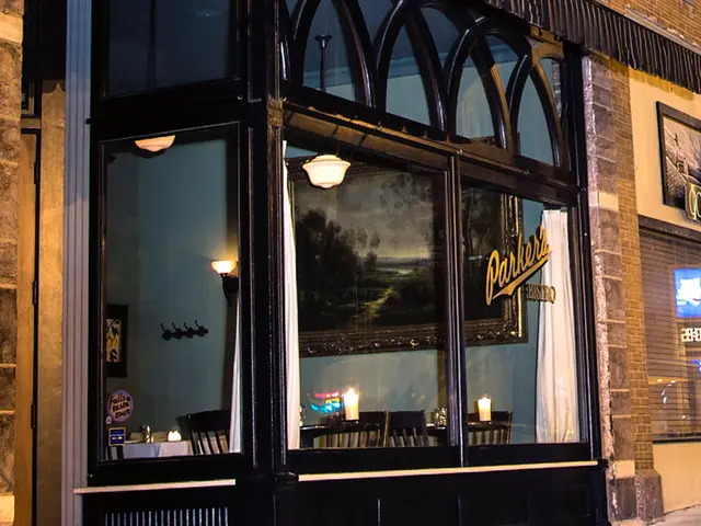 Storefront of Parker's Bistro in a historic Sioux Quartzite building in downtown Sioux Falls, South Dakota.