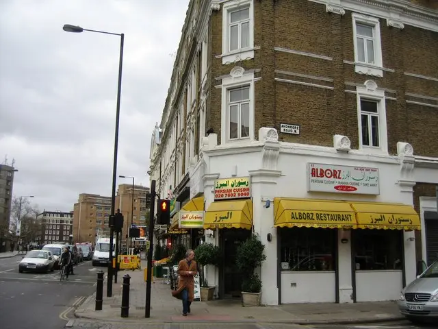 Alborz Restaurant on the corner of Avonmore Road and Kensington High Street, London.