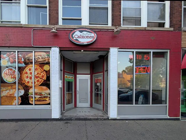 Exterior of Buffalo Calzones restaurant on Main Street in Buffalo, New York.
