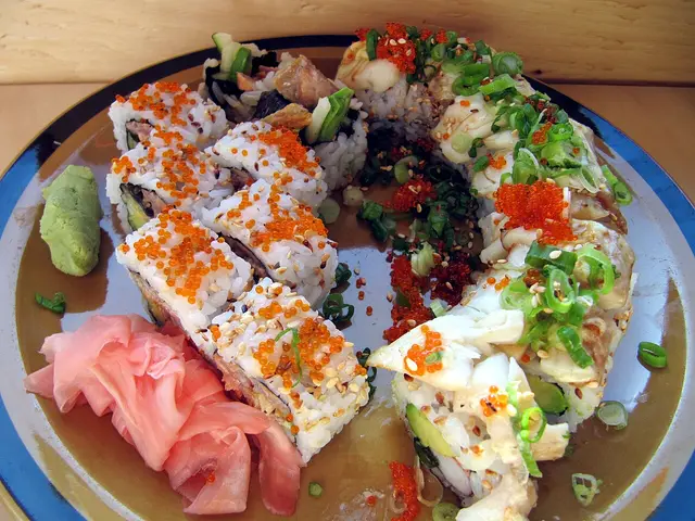 Sushi rolls served at a Japanese sushi restaurant.