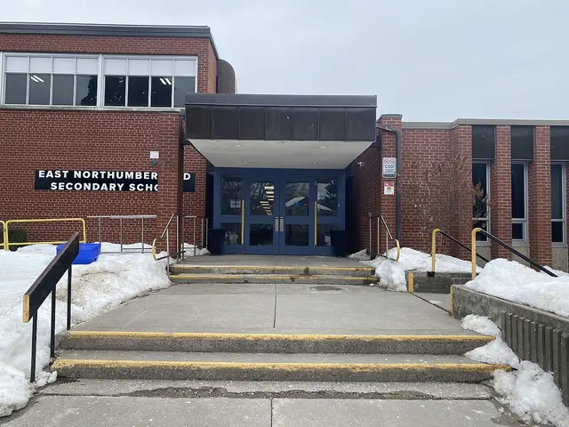The brick entrance of East Northumberland Secondary School, with the school's name on the wall beside the doors.