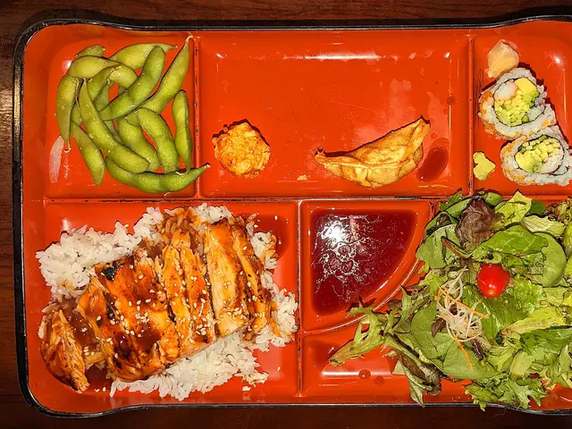 A chicken teriyaki bento box meal.