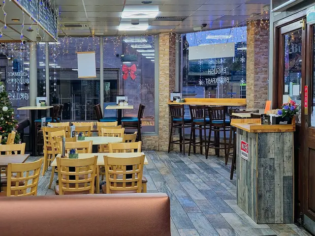 Interior seating area of Cafe Max on Russell Street in Stroud, Gloucestershire, England.