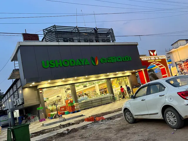 Exterior of Ushodaya Super Market, a grocery store in Poranki, Vijayawada, India.