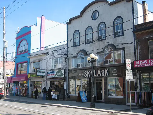 Storefronts and shop signage along Gerrard Street in Toronto's Little India neighbourhood.